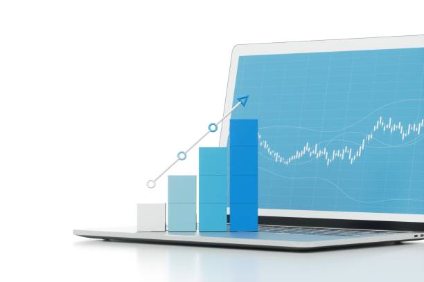 istock Growing bars graphic with rising arrow on loptop. 3d rendering. 1359246720