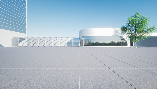 3d rendering of empty space on concrete floor at outdoor in perspective view. Include blue sky, glass on exterior of modern high building with futuristic architecture in city and showroom. Urban scene design for product display background.