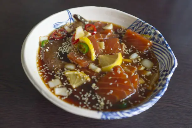 Salmon marinated shoyu or salmon pickled soy sauce in Korean style .