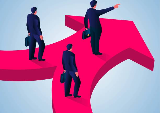 ilustrações de stock, clip art, desenhos animados e ícones de career guidance and business merge, the leader stands at the top of the merged arrow and guides two businessmen on the fork in the road - connection merger road togetherness