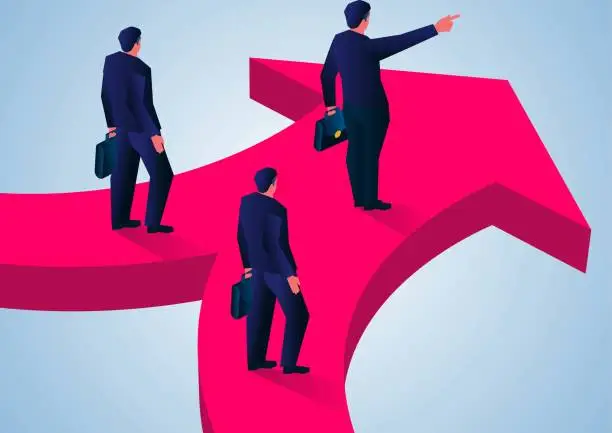 Vector illustration of Career guidance and business merge, the leader stands at the top of the merged arrow and guides two businessmen on the fork in the road