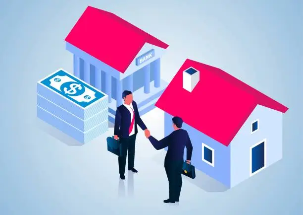 Vector illustration of Loan to buy a house, real estate industry and real estate sales, isometric businessmen standing beside the bank and the house shaking hands