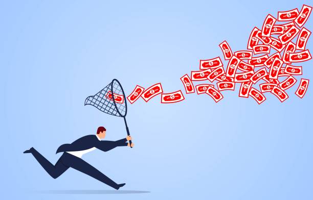 istock Businessman holding a net bag chasing banknotes in the air, business concept illustration 1359255522