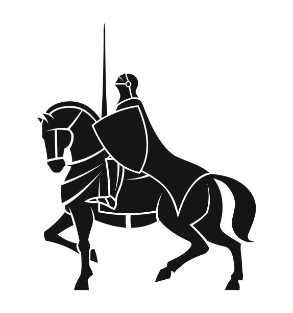 ilustraciones, imágenes clip art, dibujos animados e iconos de stock de caballero con una lanza montando a caballo - silueta recortada - medieval knight helmet suit of armor