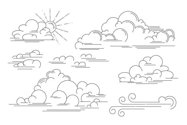 Vector linear clouds. Set of isolated contour images of clouds, wind and storm eddy. Outline vector illustration. Vintage retro style
