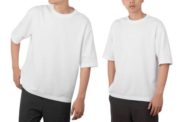 istock Young man in blank oversize t-shirt mockup front and back used as design template, isolated on white background with clipping path 1359263412