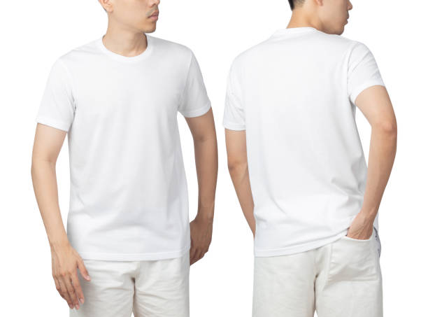 istock Young man in blank white t-shirt mockup front and back used as design template, isolated on white background with clipping path 1359263415