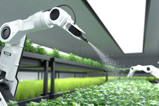istock Smart robotic farmer spraying fertilizer on vegetable green plants, Agriculture technology, Farm automation. 1359264428