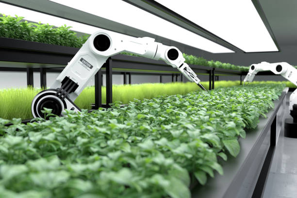 Smart robotic farmers concept, robot farmers, Agriculture technology, Farm automation Smart robotic farmers concept, robot farmers, Agriculture technology, Farm automation. 3D illustration automatic welding torch stock pictures, royalty-free photos & images