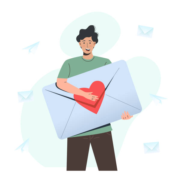 istock Man with the valentine envelope. A love letter. Valentines Day concept 1359265605