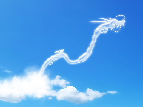 Illustration of dragon-shaped white clouds and blue sky