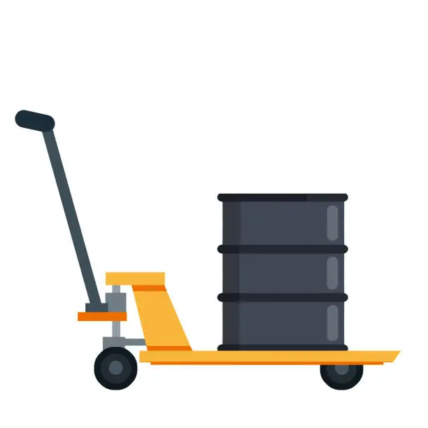 Vector illustration of Cart with barrel of oil. Industrial shipping. Can with gasoline and fuel. Loading, Storage and logistics in warehouse. Handcart on wheels with load. Flat Platform trolley