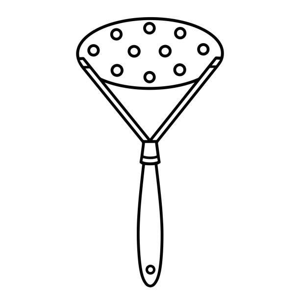 Potato crusher vector icon. Hand-drawn illustration isolated on white background. Kitchen tools for pressing vegetables, beans, fruits. Cutlery with holes. Monochrome sketch, simple doodle. Flat style. Potato crusher vector icon. Hand-drawn illustration isolated on white backdrop. Kitchen utensils for pressing vegetables, beans, berries. Cutlery with holes. Monochrome sketch, simple outline. Flat style. clip art of a potato masher stock illustrations