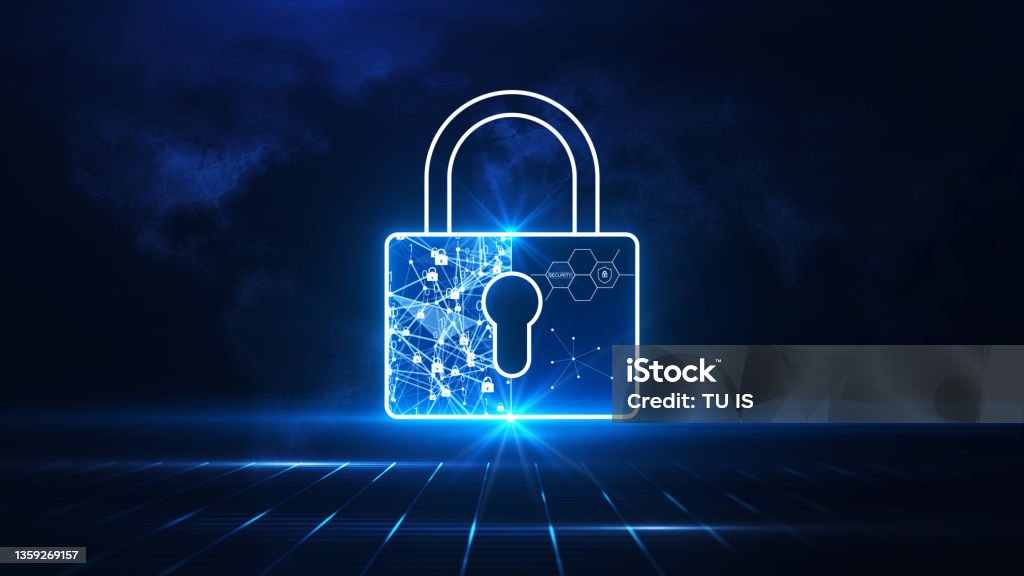 Data protection concepts in cybersecurity and privacy technologies. There is a large padlock that stands out in the middle. Below is a grid behind an abstract world map. dark blue background. Security System Stock Photo