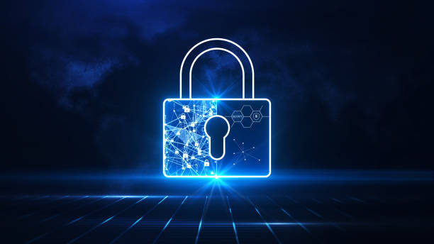 Data protection concepts in cybersecurity and privacy technologies. There is a large padlock that stands out in the middle. Below is a grid behind an abstract world map. dark blue background. stock photo