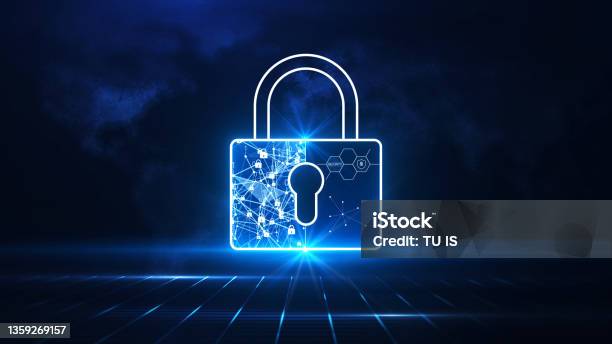Data Protection Concepts In Cybersecurity And Privacy Technologies There Is A Large Padlock That Stands Out In The Middle Below Is A Grid Behind An Abstract World Map Dark Blue Background Stock Photo - Download Image Now