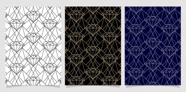 Vector illustration of set of pattern with diamond shape. illustration of gemstone seamless pattern with symmetry design vector gold, blue and black white, applicable for invitation, tile, greeting card, and cover printing