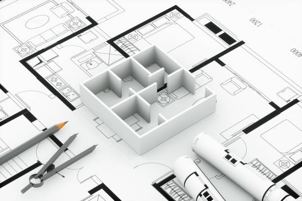 istock Residential building blueprint plans and house model, 3d rendering. 1359273224