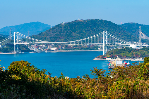 Moji Port, a famous tourist destination in Kitakyushu with a beautiful blue sky, and the Kanmon Strait
