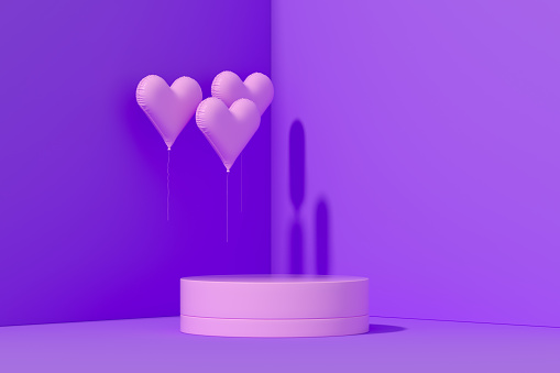 3d render, Empty Podium, Pedestal, Valentine's Day Heart Balloons