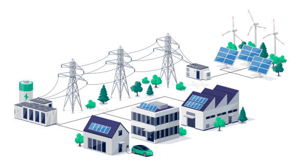 Power renewabale energy electricity grid with solar buildings distribution Smart virtual battery energy storage network with house office factory buildings, renewable solar panel plant station, wind and high voltage electricity distribution grid pylons, electric transformer. electrical tower illustration stock illustrations