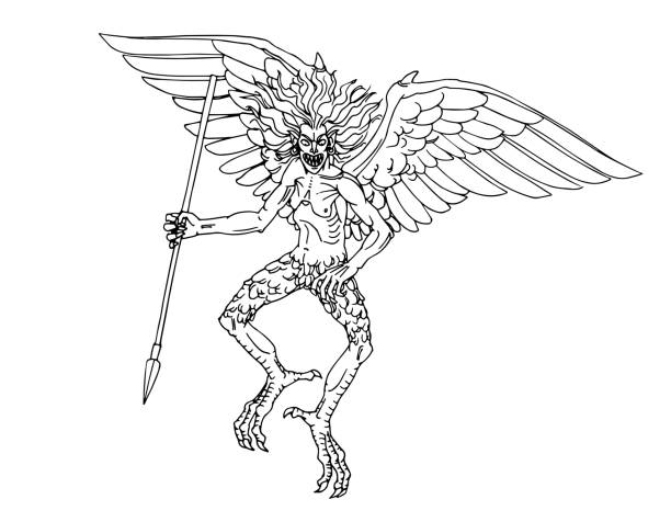 An evil ugly harpy with a javelin flies on wings. A Greek mythical character. An evil ugly harpy with a javelin flies on wings. A Greek mythical character. Vector illustration with contour lines in black ink isolated on a white background in a cartoon and hand-drawn style. valkyrie wings stock illustrations