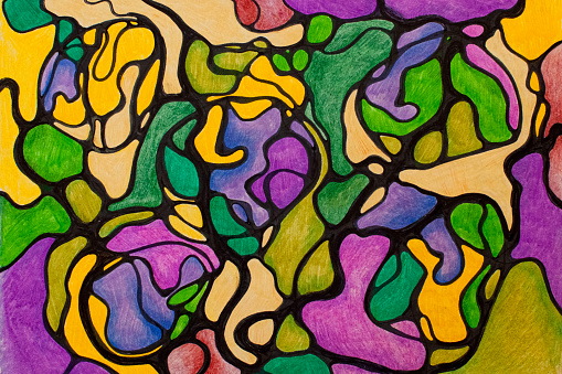 neurographics is a colorful drawing with a pencil and black marker, smooth connection of lines, harmonious transitions of colors, banner, background.
