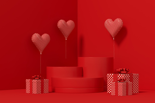 3d render, Empty Podium, Pedestal, Product Display Stand, Valentine's Day Heart Balloons