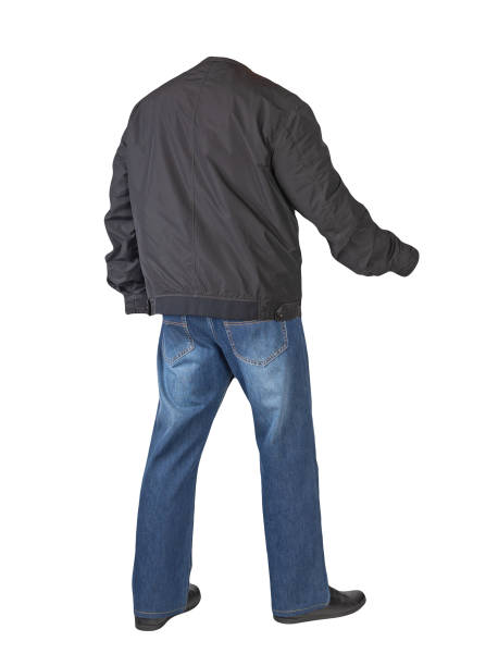 istock dark blue jeans, black leather shoes, jacket isolated on white background. 1359283461