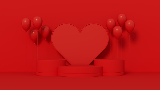 3d render, Empty podium, pedestal, product display stand, Valentine's Day heart shape and balloons.