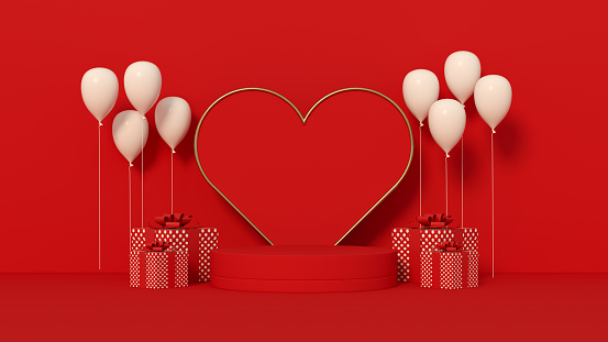 3d render, Empty podium, pedestal, product display stand, Valentine's Day heart balloons gift boxes.
