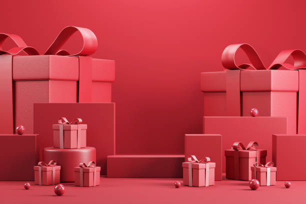 istock Podium with red gift box on red background. 3d abstract product background for Valentine and Christmas. 1359284548