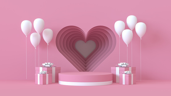 3d render, Empty podium, pedestal, product display stand, Valentine's Day heart shape.