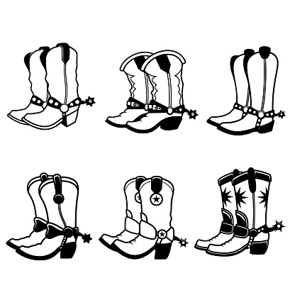 Set of illustrations of cowboy boots. Design element for label, sign, emblem. Vector illustration