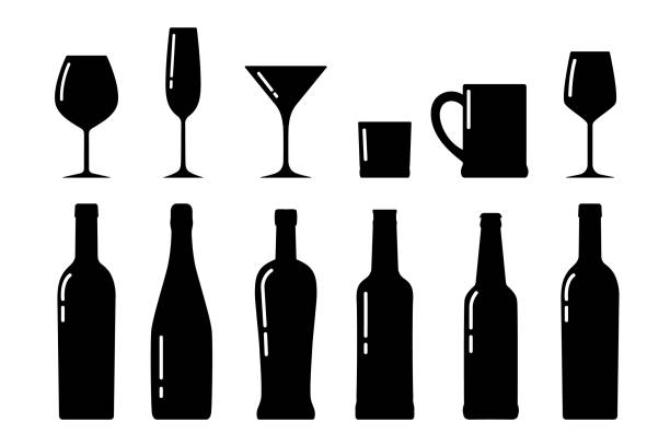 Set of bottle and glasses silhouettes,beverage containers and goblets.Alcohol drink icons collection. Shape basis for design.Isolated.Vector illustration alcoholism stock illustrations