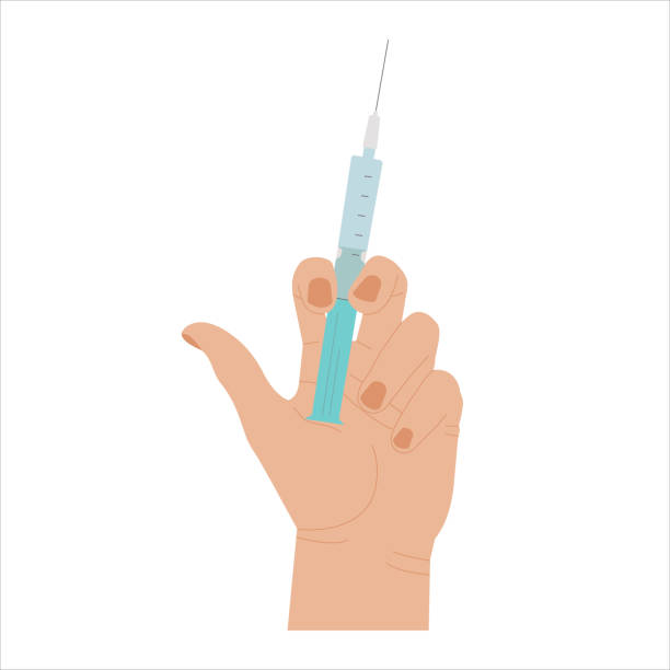 istock Hand holding syringe, flat style, catroon. Coronavirus vaccination, health care injection, treatment. Preventive measures to protect against disease. Medical concept, injection dose. 1359288224