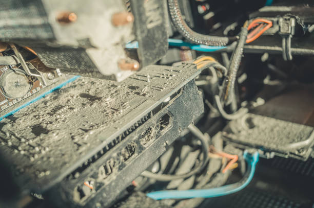 istock Dusty computer video card. A layer of dust and dirt on the PCB. Selective focus 1359289342
