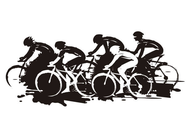 Road cycling racers. Expressive stylized black and white  drawing of road cyclists, imitating drawing ink and brush. Vector available. bicycle stock illustrations