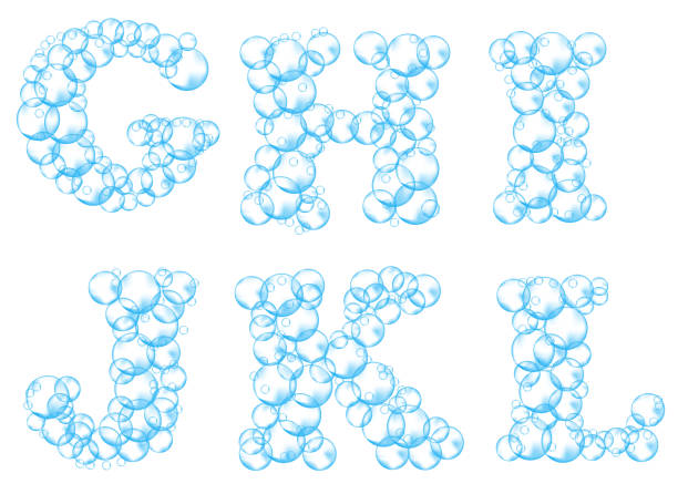 illustrazioni stock, clip art, cartoni animati e icone di tendenza di alfabeto delle bolle di sapone. l'acqua suds lettere g, h, i, j, k, l. carattere vettoriale realistico isolato su sfondo bianco - letter l water typescript liquid