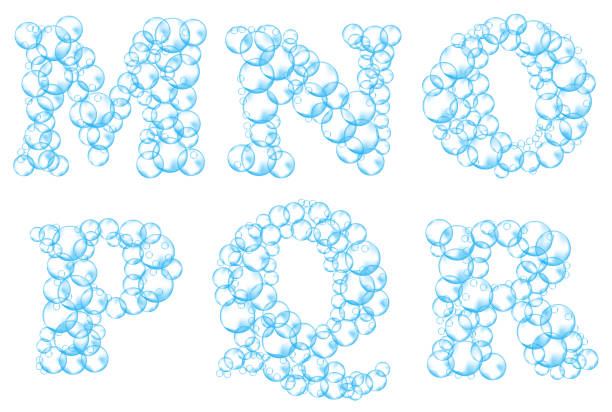 illustrazioni stock, clip art, cartoni animati e icone di tendenza di alfabeto delle bolle di sapone. acqua suds lettere m, n, o, p, q, r. carattere vettoriale realistico isolato su sfondo bianco - letter p water liquid text