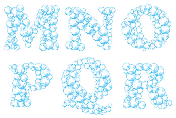 ilustrações, clipart, desenhos animados e ícones de alfabeto de bolhas de sabão. letras de água suds m, n, o, p, q, r. fonte vetorial realista isolada em fundo branco - letter n water text blue