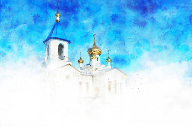 水彩。ロシア正教会。寺院、黄金のドーム、鐘楼。イースタークリスマスパームサンデー - christianity orthodox church backgrounds blue点のイラスト素材／クリップアート素材／マンガ素材／アイコン素材