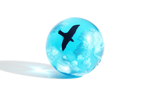 Small blue sphere made of glass with clouds and a flying bird inside isolated on white