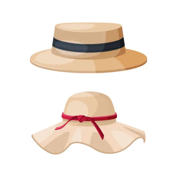 Vector illustration of Straw Hat as Brimmed Woven Headdress Vector Set