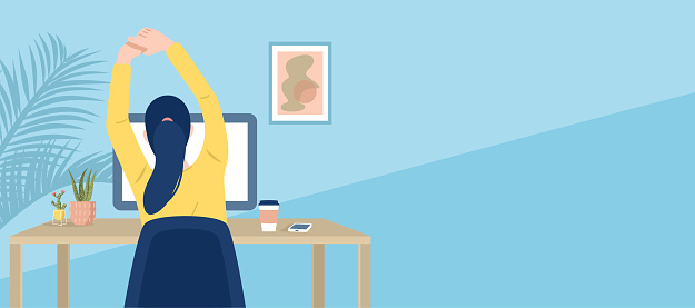 Back view of a young woman stretching her arms in home office. Vector