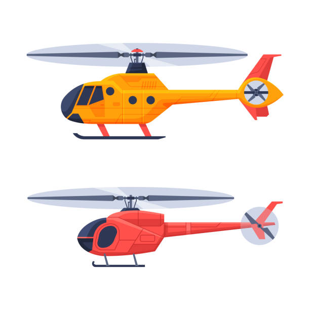 ilustraciones, imágenes clip art, dibujos animados e iconos de stock de helicóptero como helicóptero con rotor giratorio horizontalmente flotando en el sky vector set - helicóptero