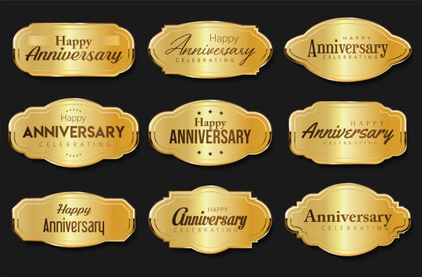 kolekcja jubileuszowego złotego logotypu obchodów - banner anniversary vector button stock illustrations