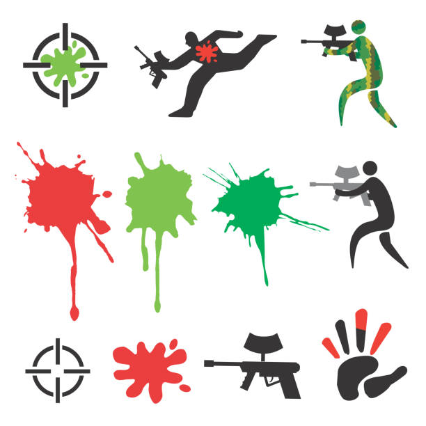 Paintbal icons, design elements. Set of black symbols with paintball attributes. Vector available. paintballing stock illustrations