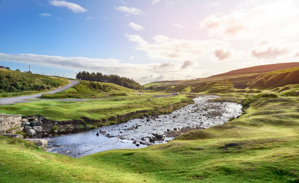 the river, bolliehope burn, that runs through the green pastures on the edge of the moors - winding road sunlight field cultivated land imagens e fotografias de stock