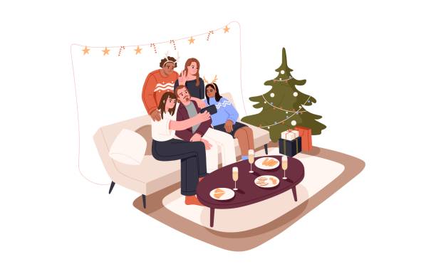 Friends taking joint selfie photo on mobile phone while celebrating holidays at New Year party at home.Men and women on sofa at Christmas. Flat graphic vector illustration isolated on white background Friends taking joint selfie photo on mobile phone while celebrating holidays at New Year party at home.Men and women on sofa at Christmas. Flat graphic vector illustration isolated on white background. christmas family party stock illustrations